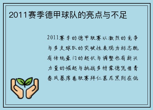 2011赛季德甲球队的亮点与不足